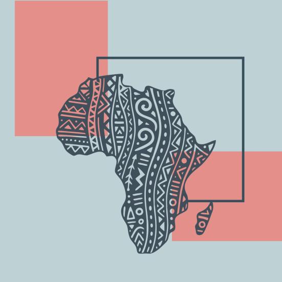 Stiliseret silhuet af Afrika med ornamentale mønstre på en lys baggrund.