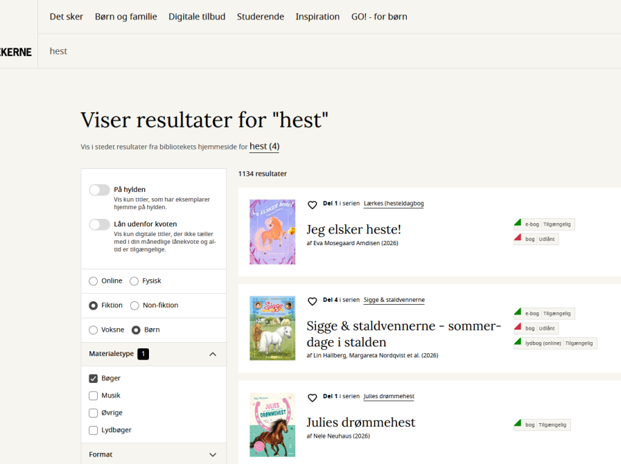 Eksempel på en søgning på hest