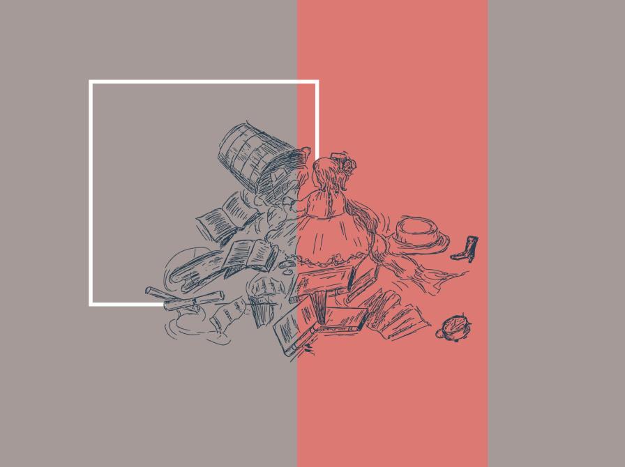 Stregtegning af en pige, der sidder i en bunke bøger og løse papirer.