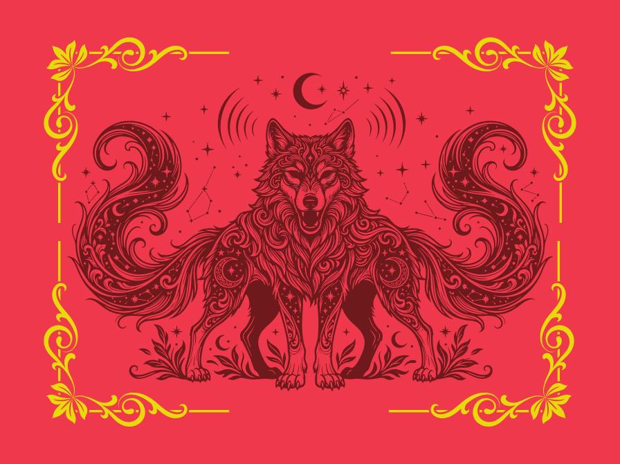 fantasy-agtig stregtegning af ulv på orangerød baggrund, svarende til forsiden på A court of thorns and roses
