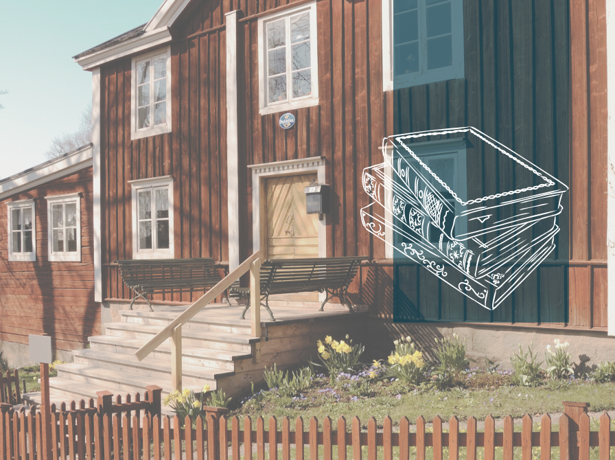 Svensk hus og stregtegning af bogstak